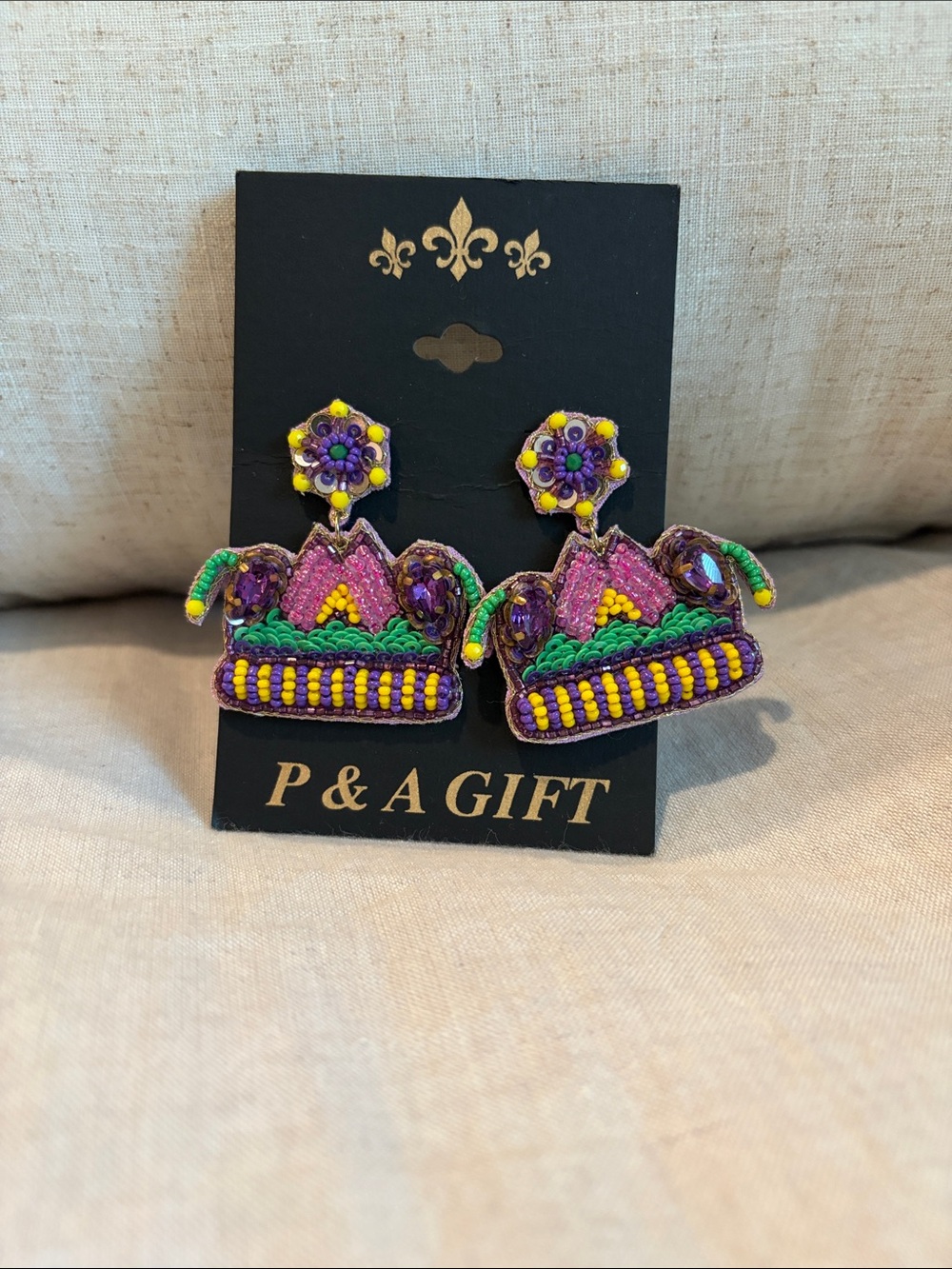 Beaded Purple Multicolor Crown Drop Earrings by